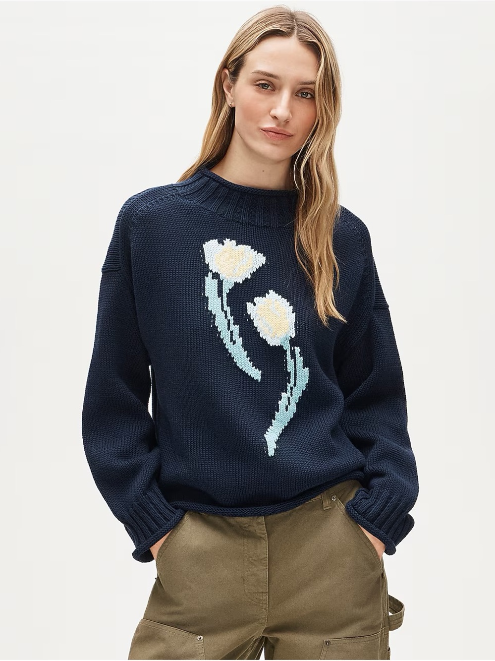 J. Crew Navy Floral Rollneck Sweater